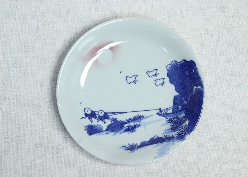 明治後期～大正銅判舟引き人物と千鳥図5.5寸皿 | 吉祥寺PukuPuku