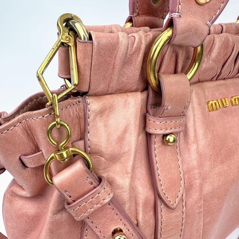 ミュウミュウ 2wayショルダー ギャザー ピンクレザー ハンドバッグ