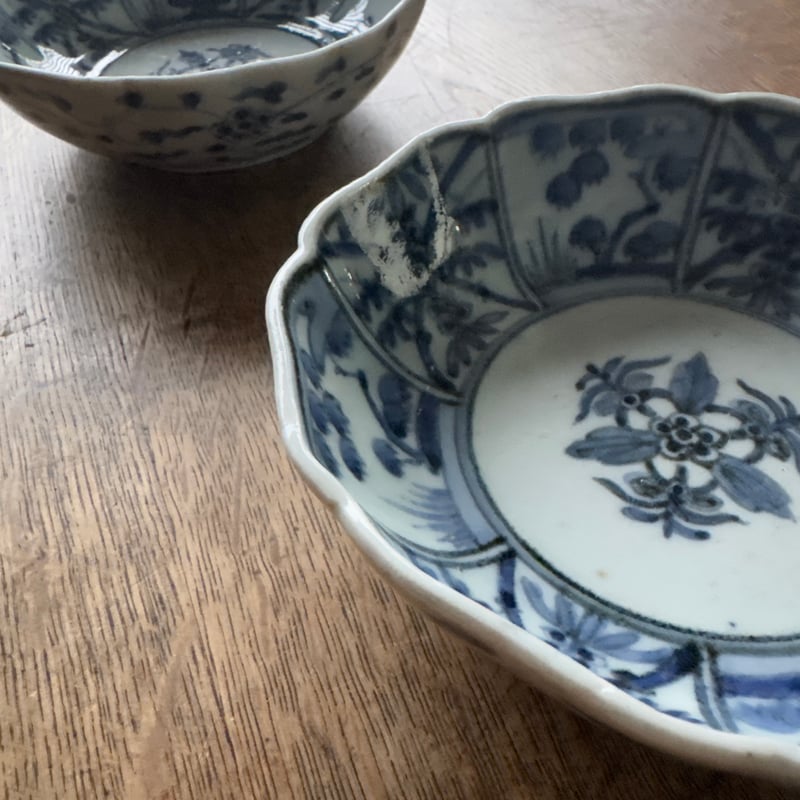 古伊万里 染付松竹梅文 輪花膾皿 渦福銘 2客セット | Kaikaroman