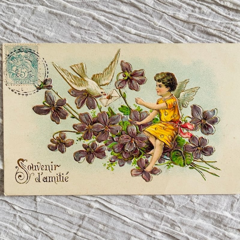 フランス アンティークポストカード 天使へ白い鳩からのお手紙 [s009