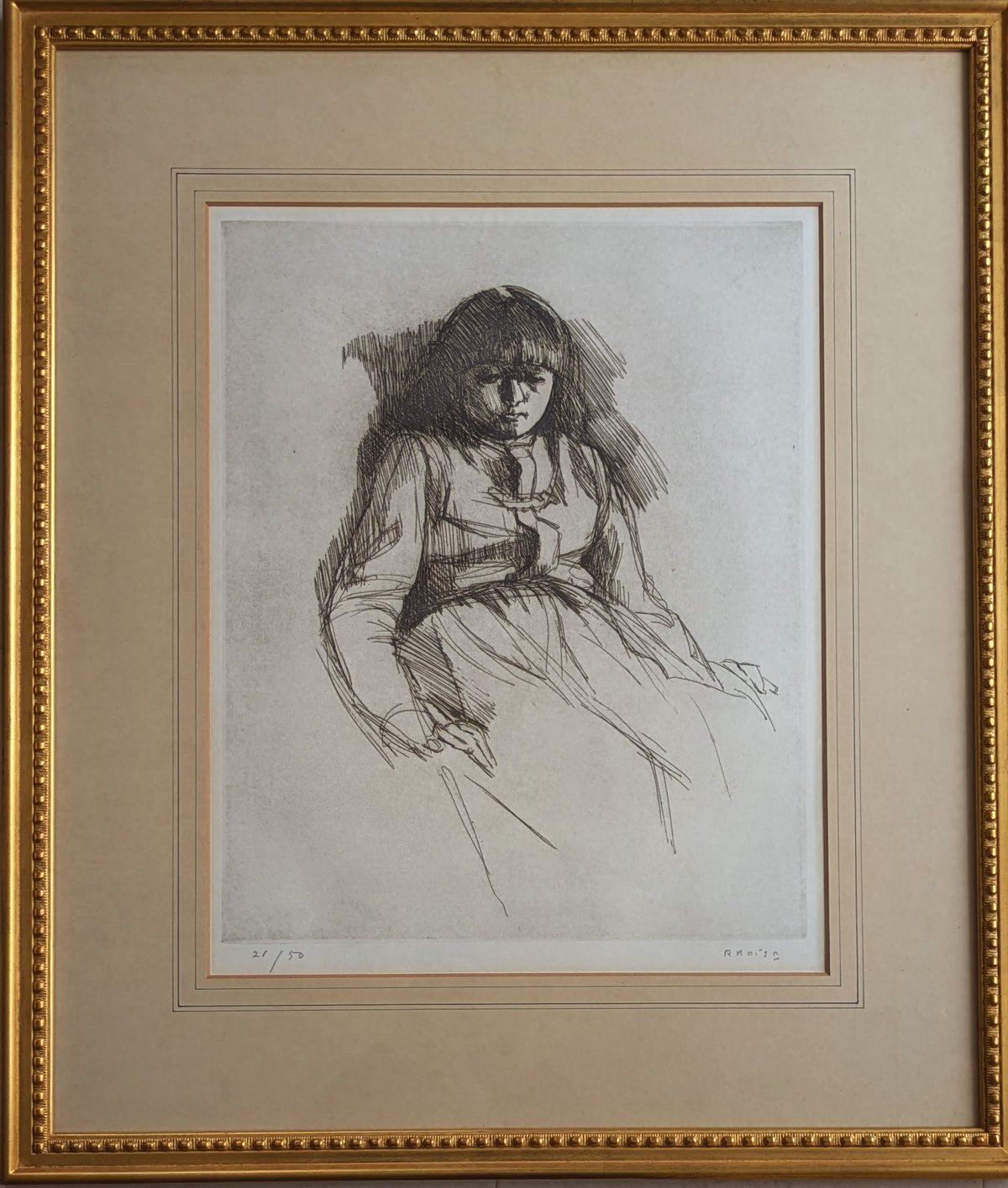 小磯良平 版画（エッチング） 「少女像」 高級額装 限定50部 自筆