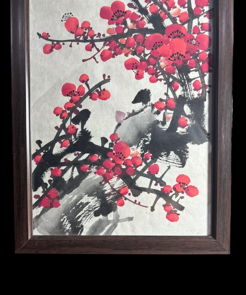 中国美術 水墨画【紅梅】額装 壁掛 額 絵画 梅 色絵 民国 古美術 装飾