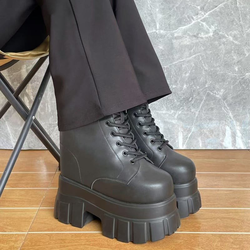 22㎝】シークレットブーツ レースアップ ショートブーツ ブラック 10