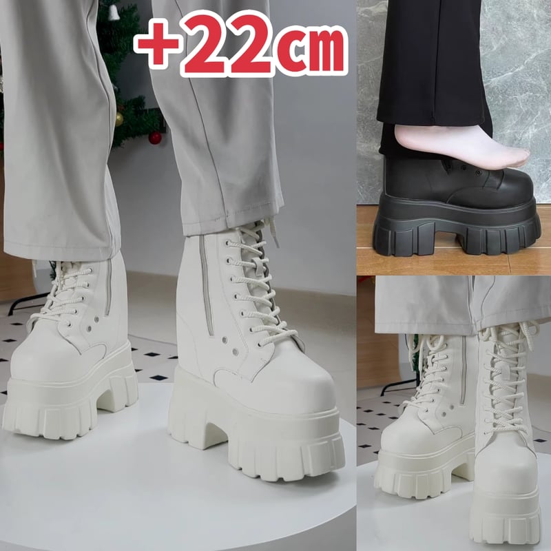 22㎝】シークレットブーツ レースアップ ショートブーツ ホワイト 10