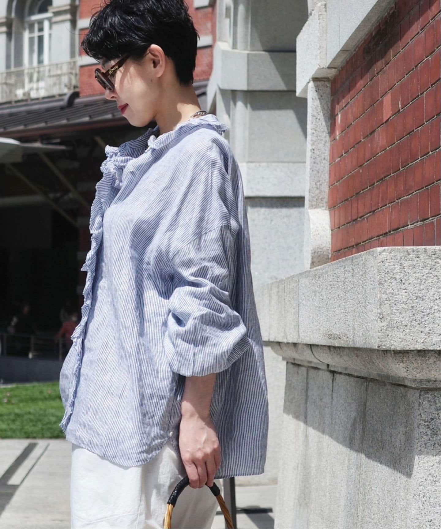 リネンストライプ フリルブラウス（シャツ／ブラウス）｜journal