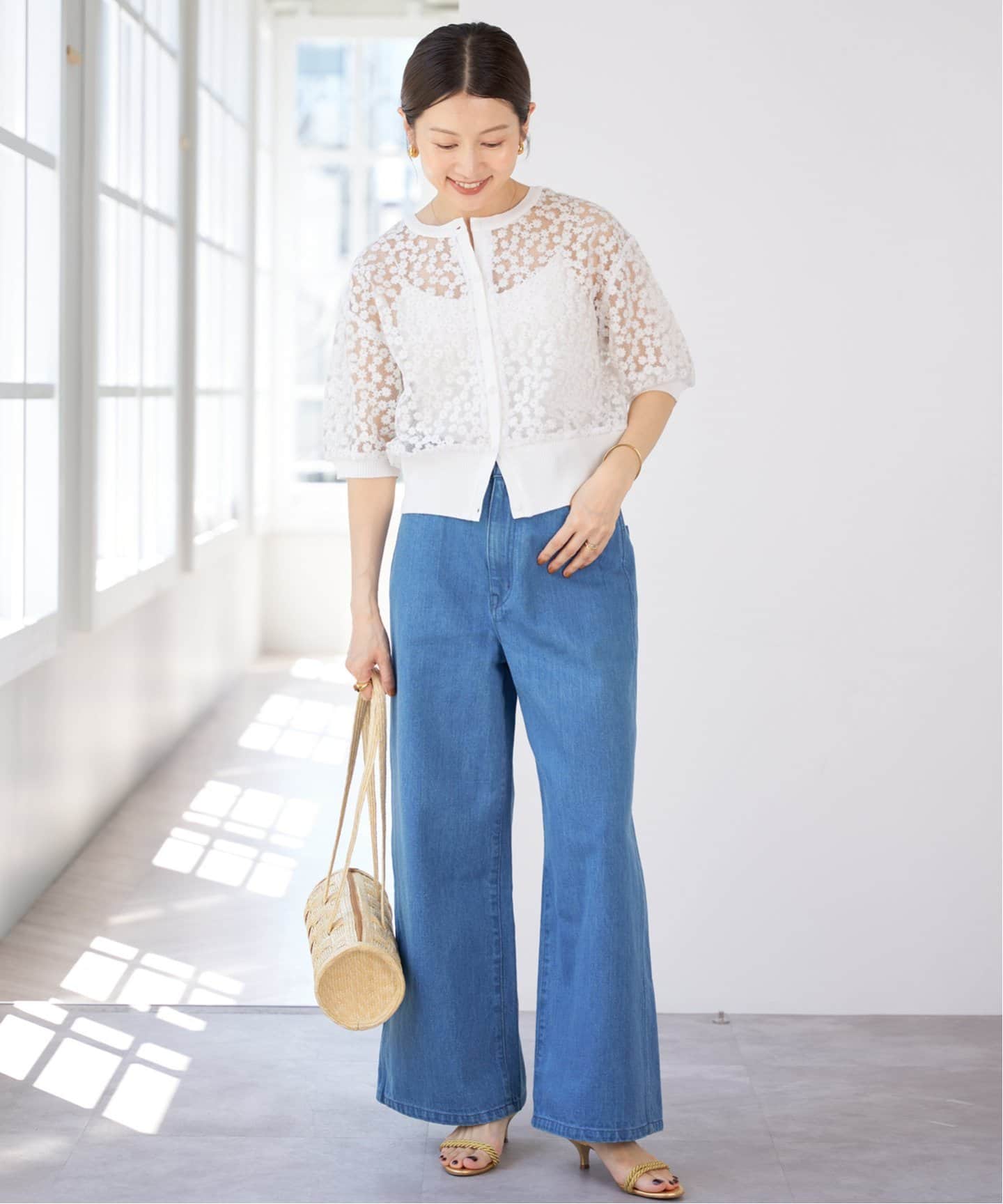 フラワーレースハーフスリーブニット カーディガン（カーディガン