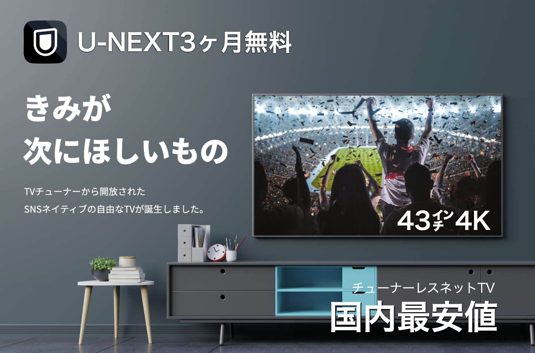 43型4Kでこの価格！ NHK受信料不要！ネット動画専用Android搭載