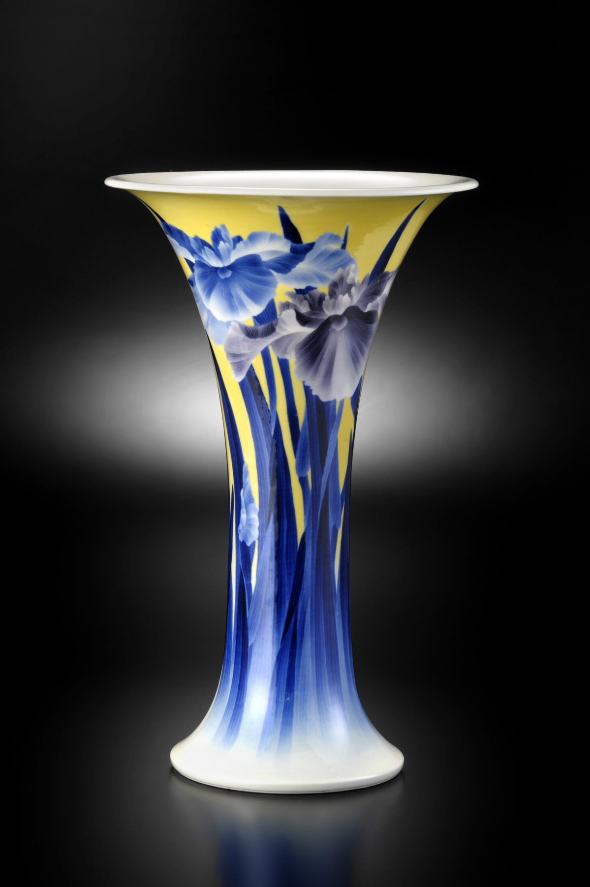 真葛香山 宮川香山 黄釉 青華 梧桐画 花瓶 共箱 真葛香山 宮川香山 黄