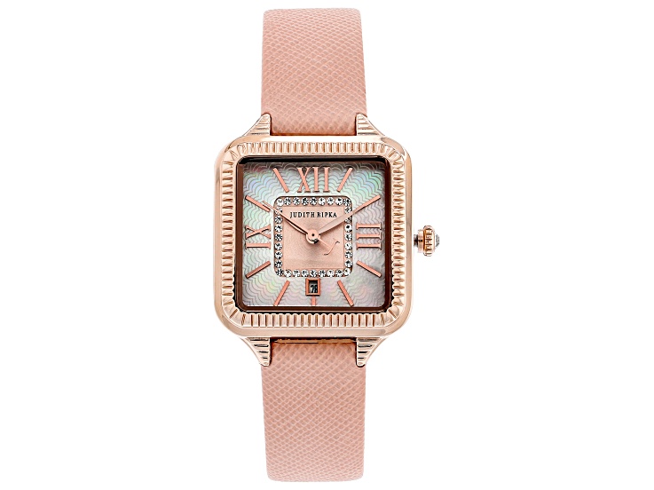 Judith Ripka Mother-Of-Pearl Rose Tone Pink Saffiano Leather Strap