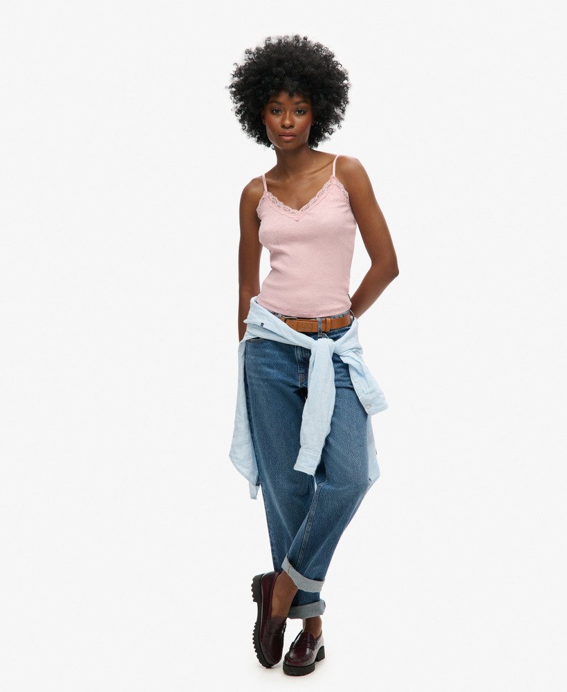 womens Organic Cotton Vintage Rib Lace Trim Cami Top in LA Soft