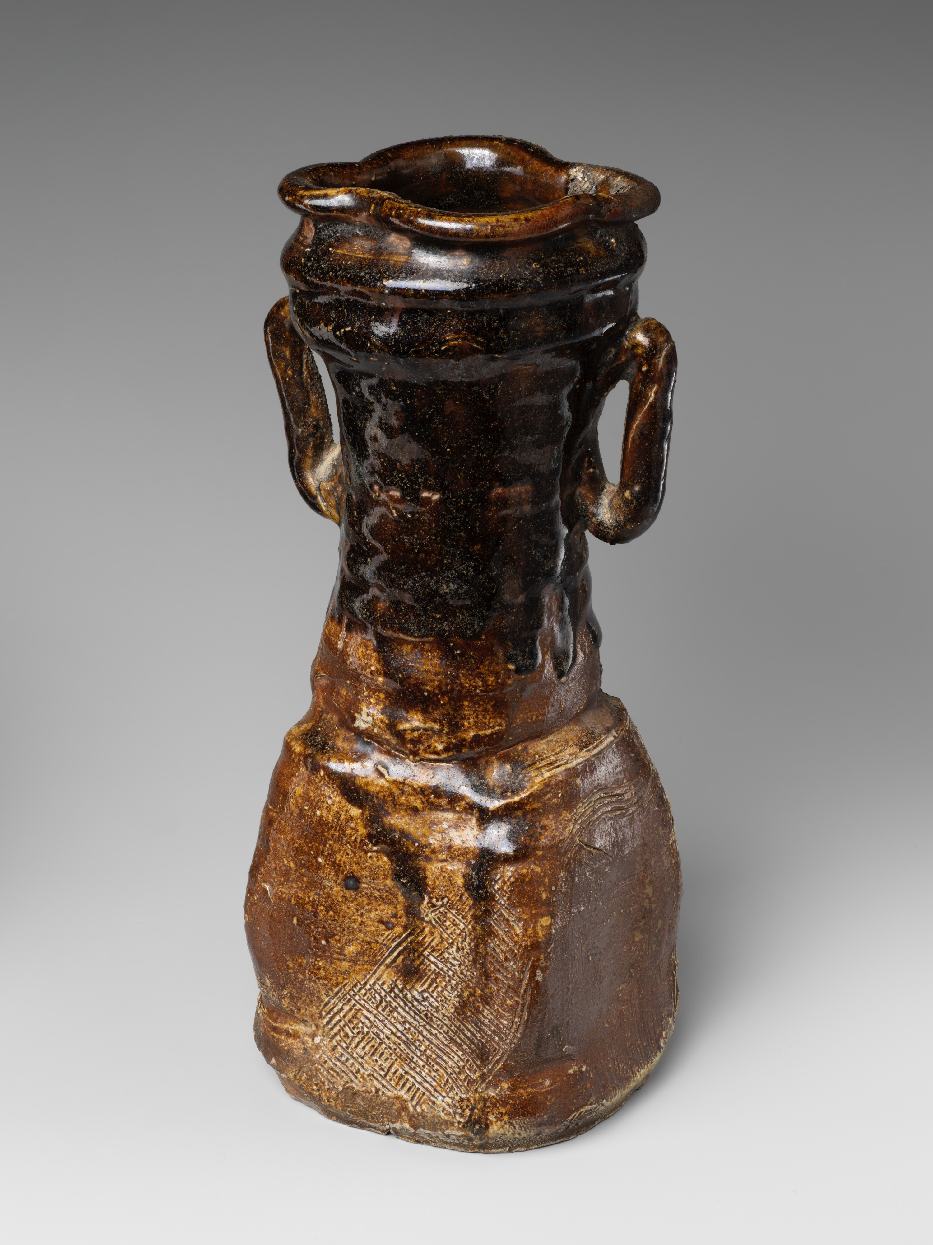 Brown Oribe Flower Holder (Hanaire) with Handles - Japan