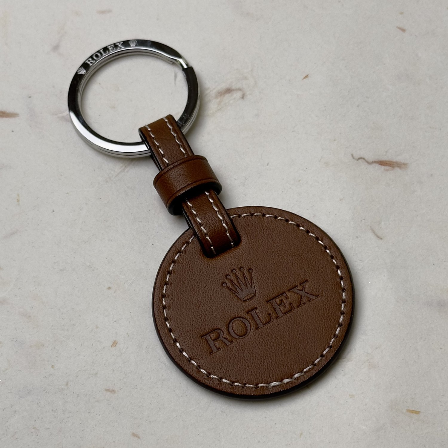 Rolex Brown Leather Keychain - the iconic Rolex logo embossed