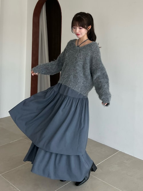セール】バックリボンニット+ティアードフレアキャミワンピースset[高