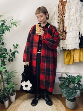 BEAMS BOY / スライバー タータンチェック ノーカラー コートを使った