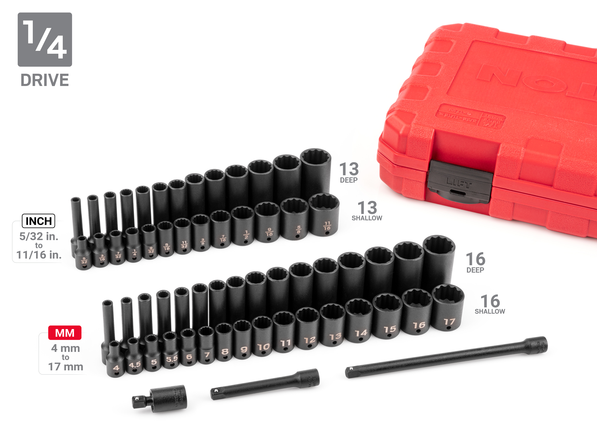 1/4, 3/8, 1/2 Inch Drive 12-pt. Impact Socket Set, 211-Piece | TEKTON