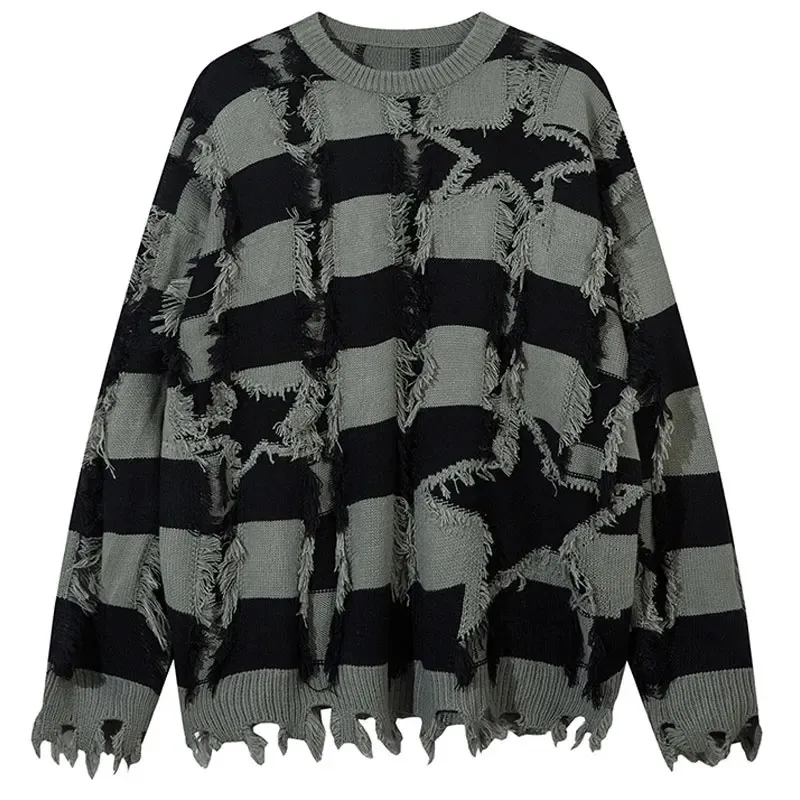 Grunge Star Knit Sweater: Distressed Harajuku Pullover, Punk