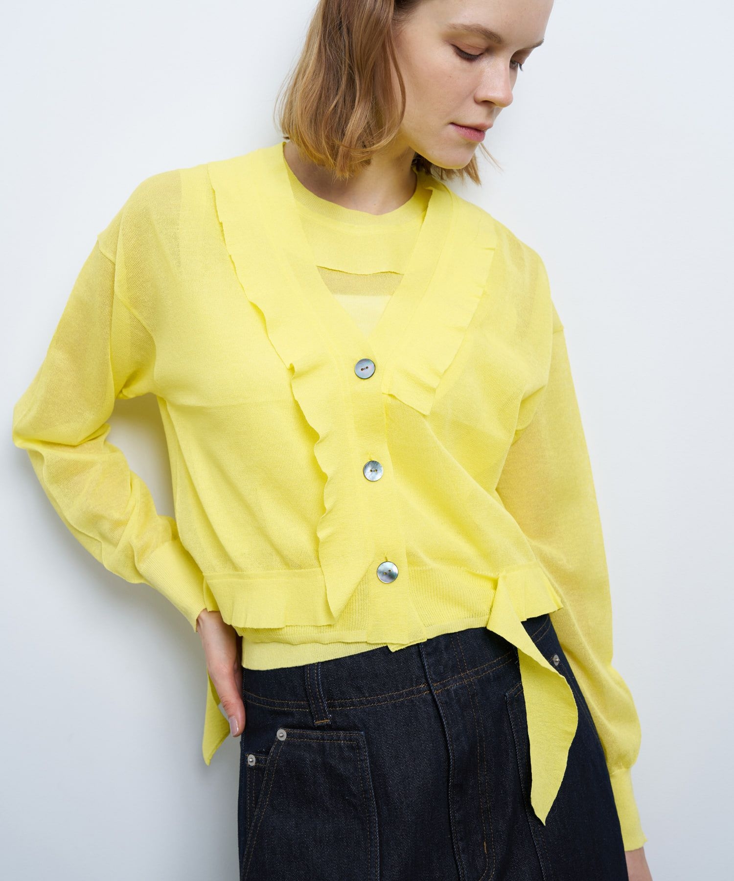 Vネックフリルトリムカーディガン|LANVIN en Bleu | LANVIN en Bleu