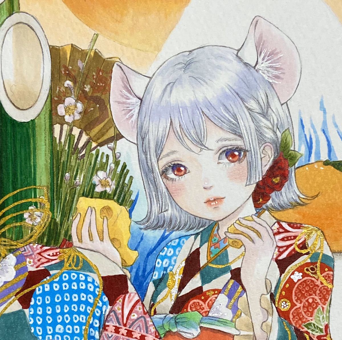 新品】オリジナル お正月 女の子 手描き アナログ イラスト 手描き