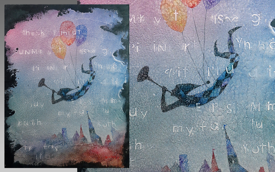 藤岡しんたろう『空の散歩者』油彩画[肉筆・真作保証]