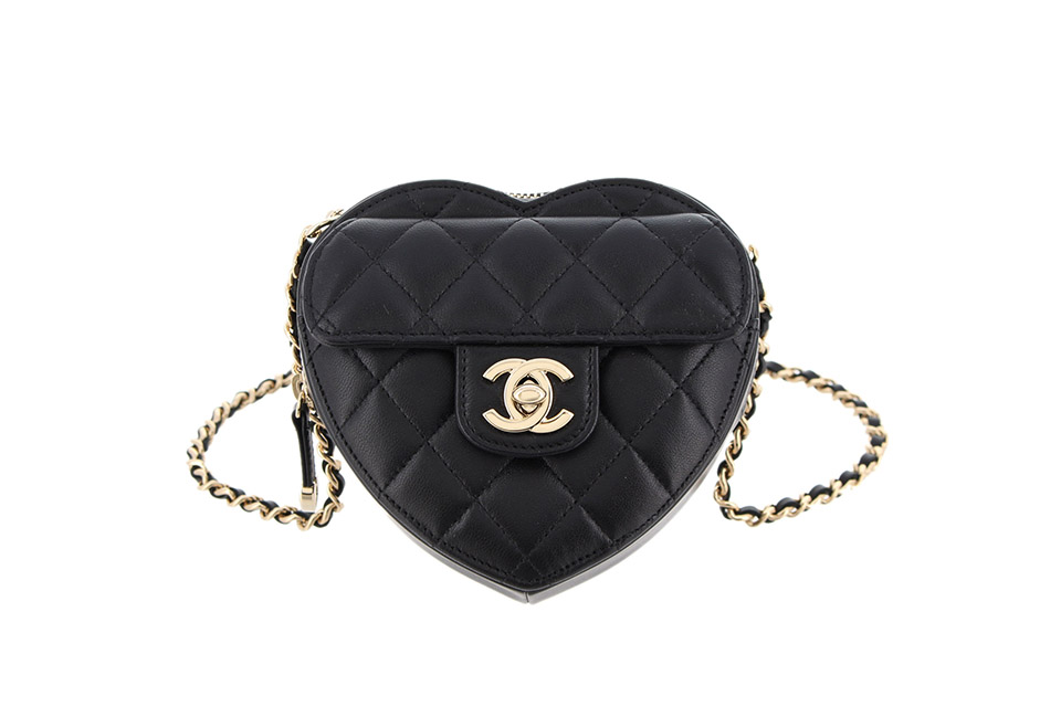 マトラッセ ミニ ハートシェイプ ショルダーバッグ ラム 黒 シャンパン