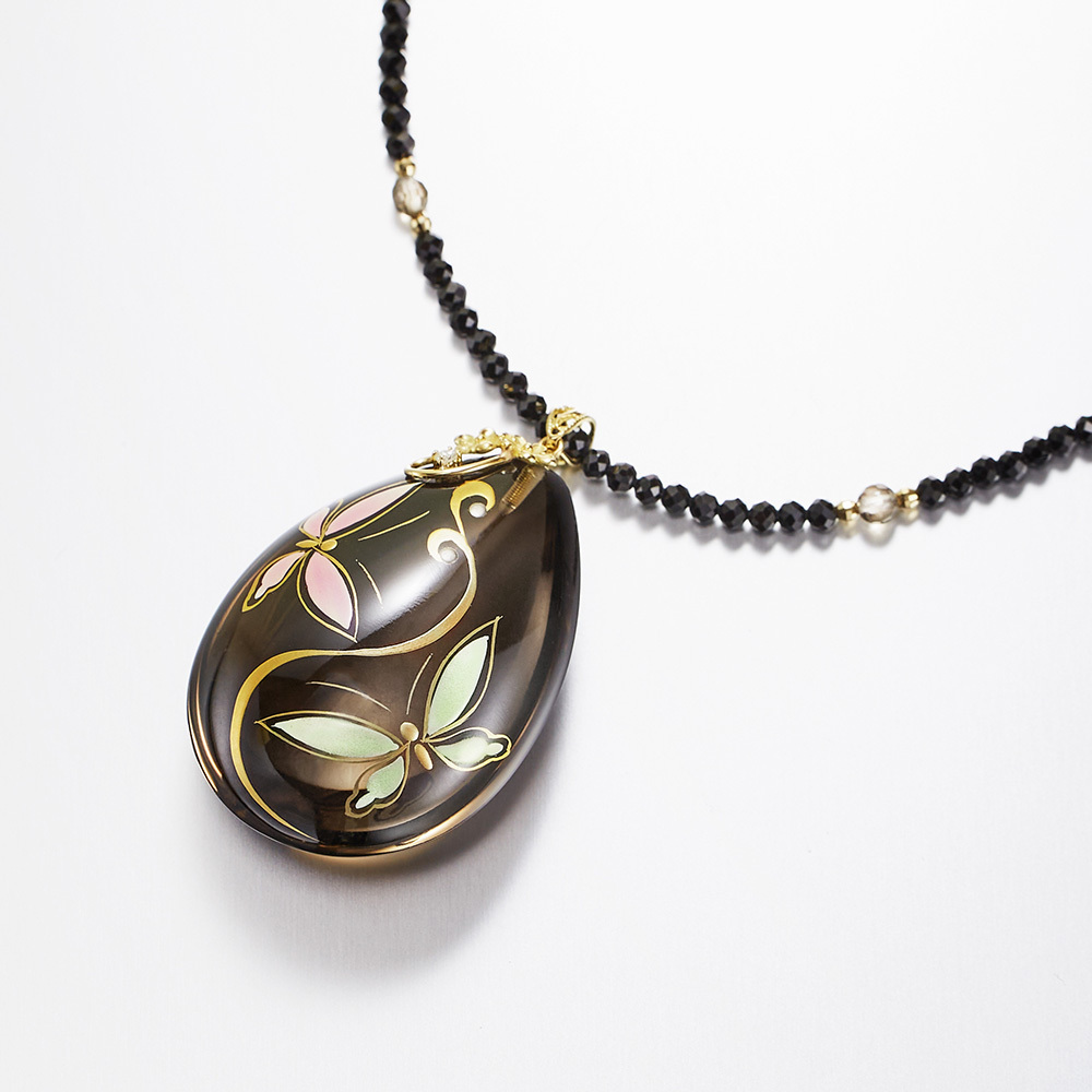 18金 スモーキークォーツ 江戸蒔絵 ダイヤモンド ペンダント ブラック