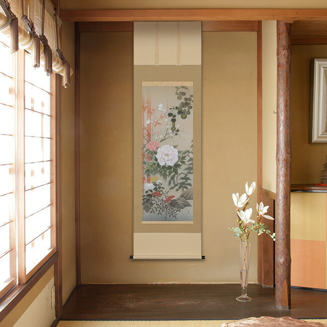 掛軸 吉祥四季開運之図 190×54.5cm[装飾 絵 レトロ 和室 客間 床の間