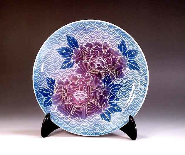 有田焼 陶芸家 藤井錦彩作】有田焼美術品 染錦金彩釉裏紅墨はじき青海