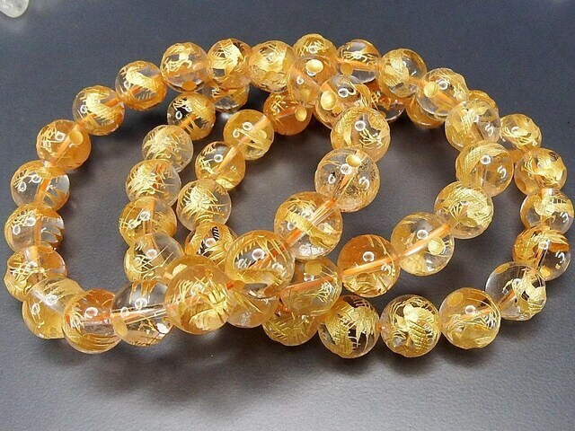 天然石五爪皇帝龍金箔天然水晶手彫り約10mmブレスレット数珠開運