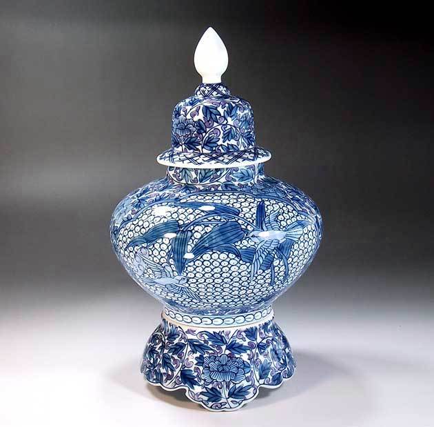 有田焼 陶芸家 藤井錦彩作】有田焼美術品 染錦唐草牡丹割鶉雀絵飾り