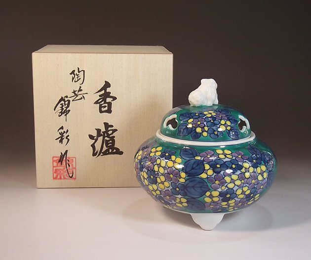 有田焼 陶芸家 藤井錦彩作 染錦紫陽花絵香炉 木箱入り（父の日・母の日