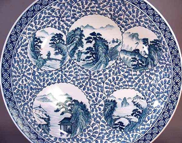 有田焼 陶芸家 藤井錦彩作】有田焼美術品 染付唐草割山水絵飾り大皿