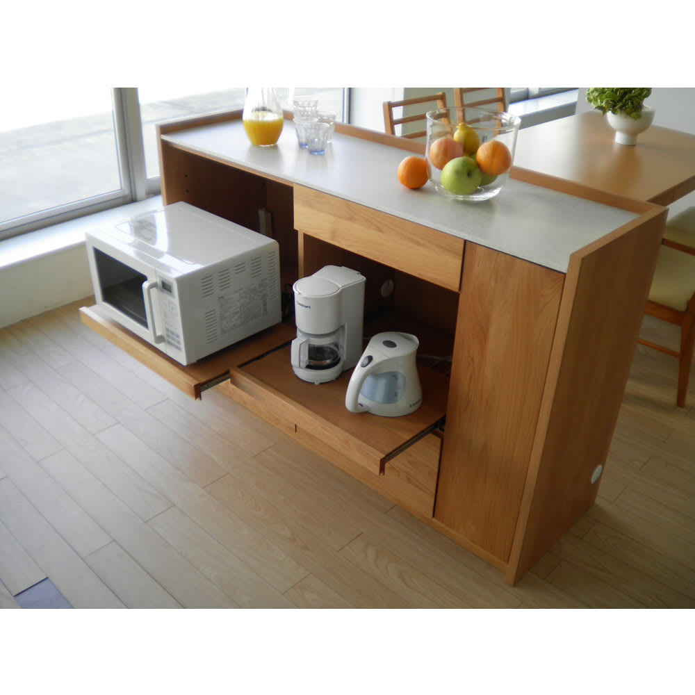 アルダー天然木人工大理石トップ 間仕切り家電収納キッチンカウンター