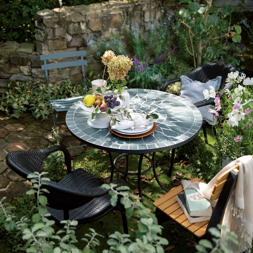 グリーンモザイクテーブル＆チェア 5点セット（テーブル径90＋チェア2