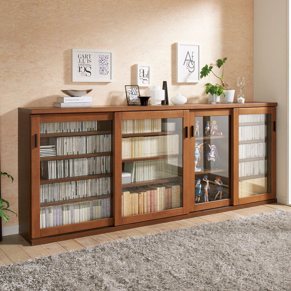 レンタル商品】アルダー天然木ガラス引き戸本棚（書棚） 幅120.5cm