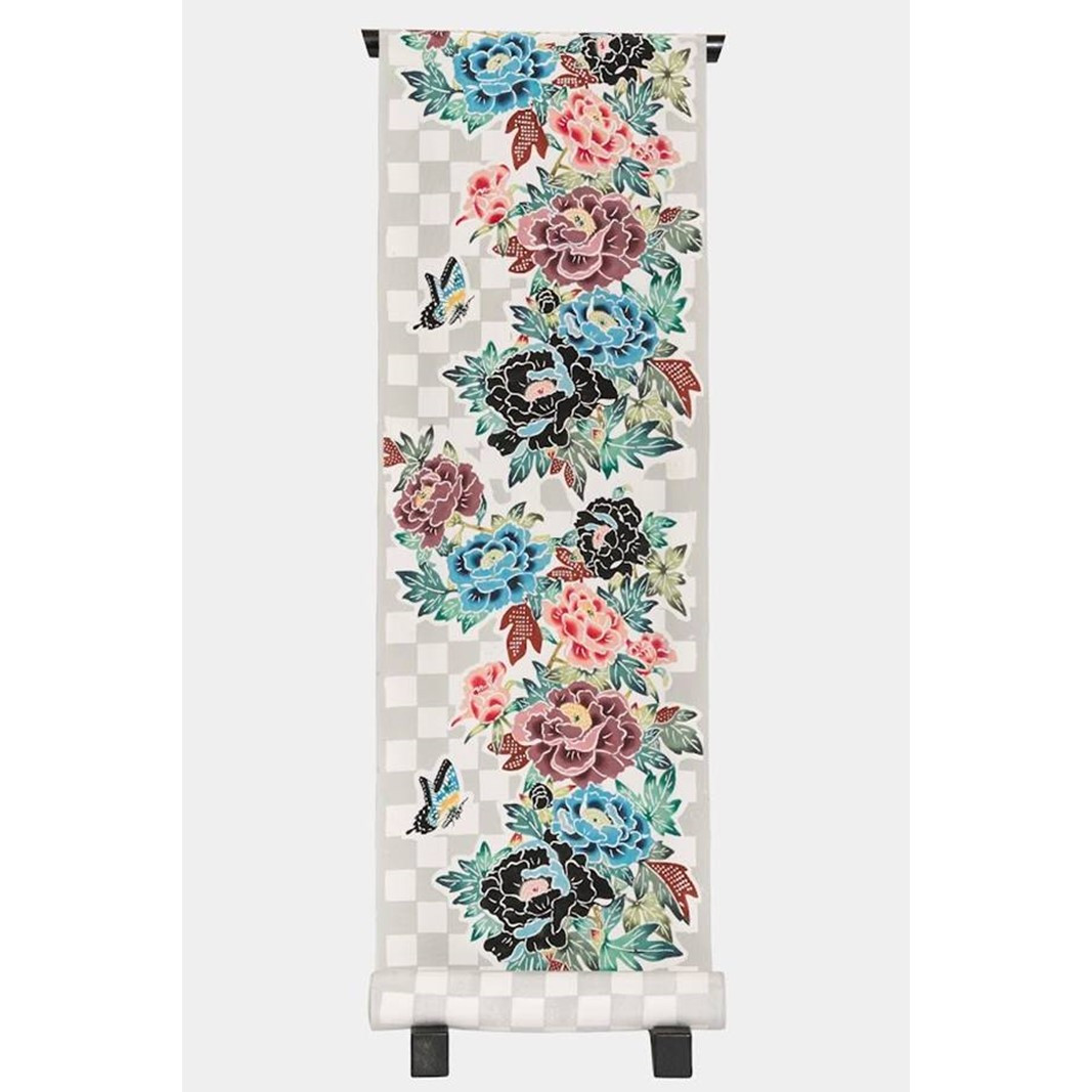 モダン紅型染 名古屋帯（牡丹柄に市松模様）,受注染色 帯 染帯 反物