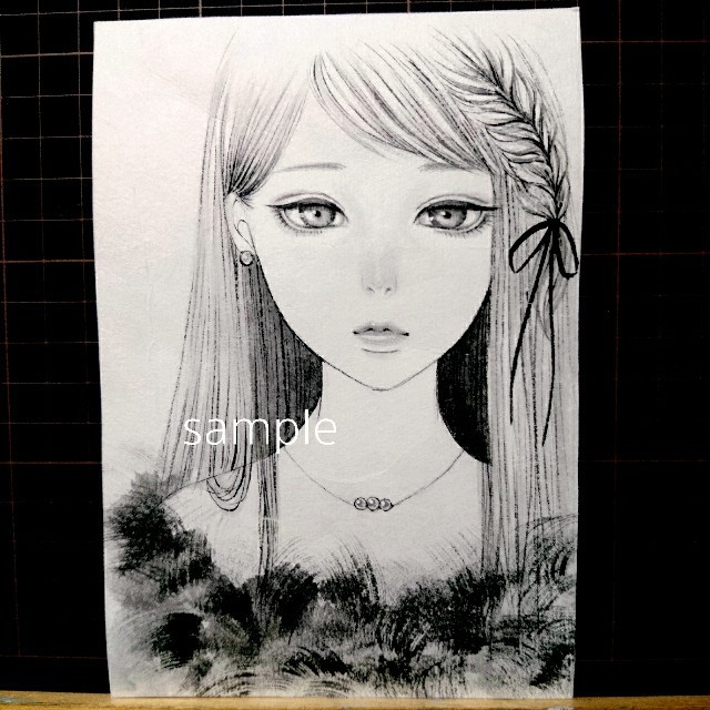 日本画 墨絵 水墨画 肉筆原画《 ファーの少女 》の通販 by むぅしかの