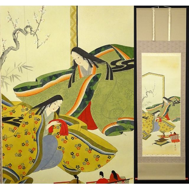 竹 風 筆 【 子供図 】 絹本彩色 共箱に清堂極め記載有り 軸先木