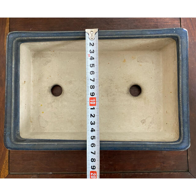 盆栽鉢 万光 長方 生子 青 瑠璃 釉 模様 段足 鉢 植木鉢の通販 by