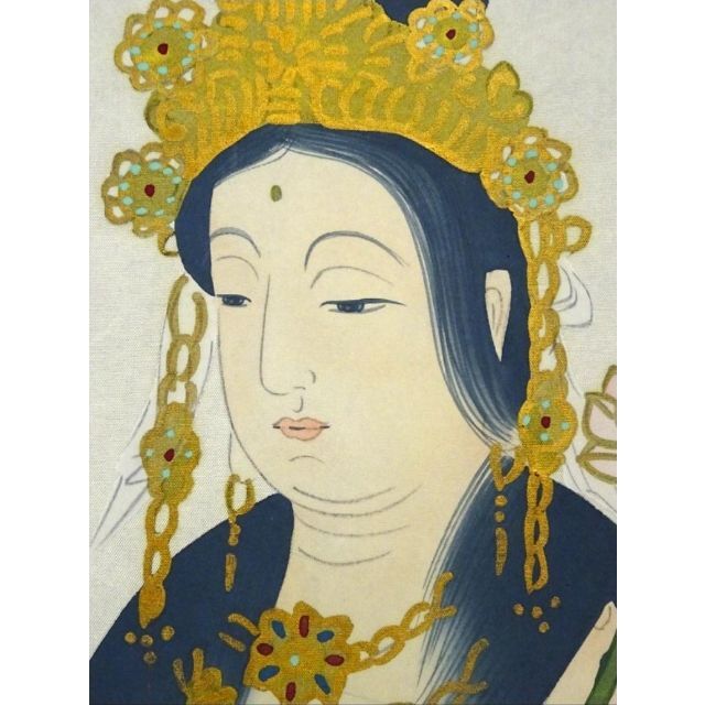 素 仙 筆 【 絹本彩色画 ・雲上観音図 】 自題共箱 軸先漆仕立木 610
