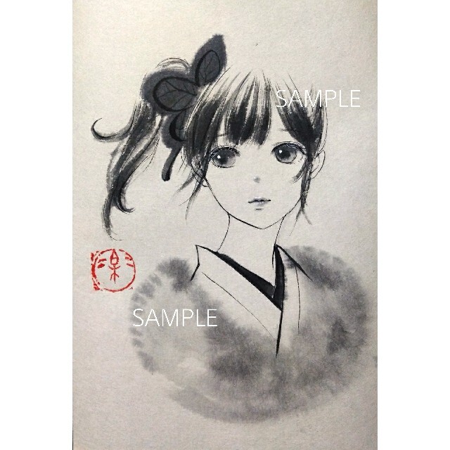 専用 肉筆原画 水墨画 墨絵 手描きイラスト 和装 蝶の髪飾り 日本画の