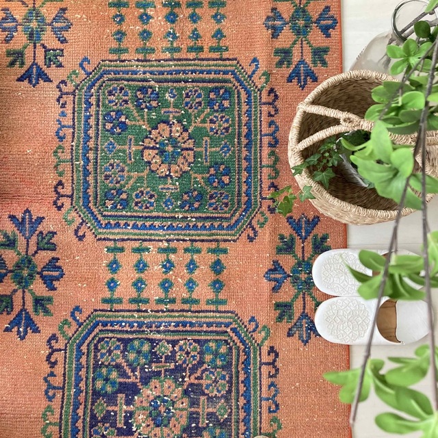 シャビーオレンジ78×190/ 3Box ブルーグリーン トルコヴィンテージラグ