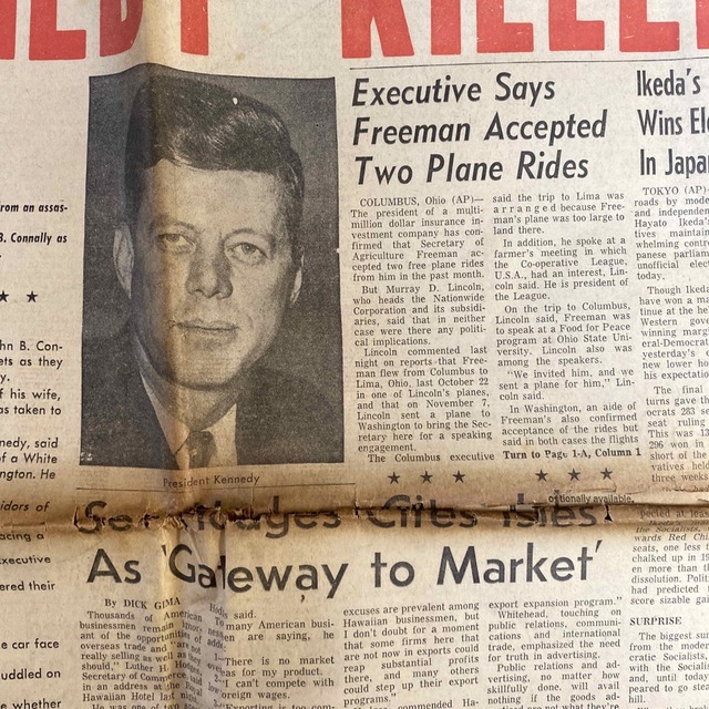 歴史的価値】JFK ジョン・F・ケネディ大統領暗殺時の米国ハワイの新聞