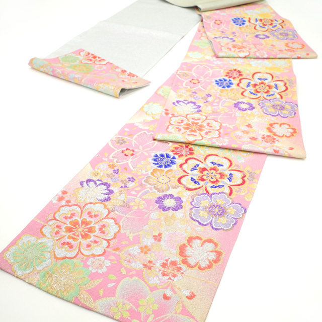 すごい値！ 袋帯 振袖用 京都 西陣 豪華 金糸 銀糸 ピンク 桜 華やか