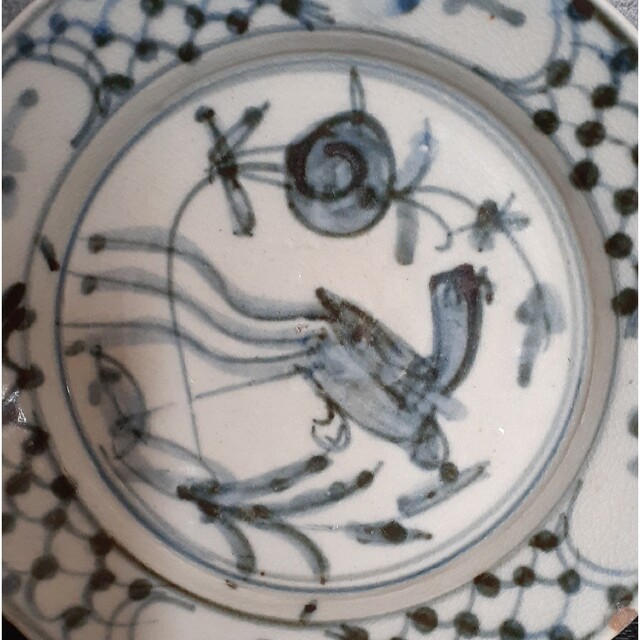 皿□孔雀紋 呉須染付 花唐草 中国 明～清 広東・福建省 古玩 唐物