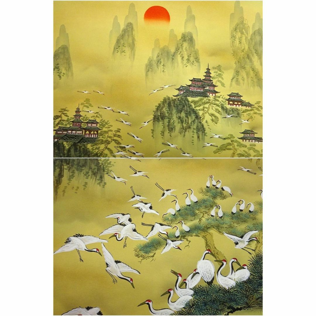 掛軸 玉峰『百鶴 蓬莱山図』 絹本 肉筆 共箱付 掛け軸 a092210の通販