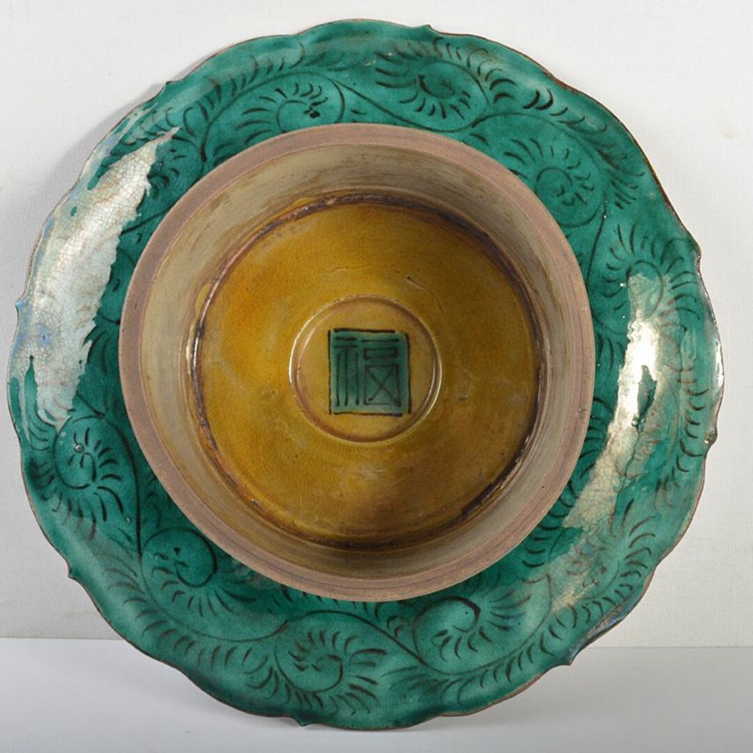 江戸期 古九谷 青手鳳凰摘三足香炉 合箱 角福 九谷焼 色絵窓絵 山水図