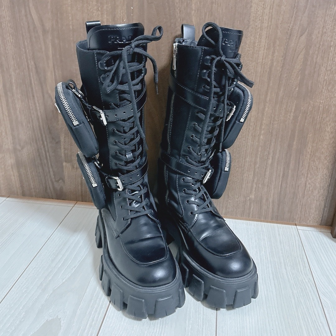PRADA - 【PRADA】モノリス ロングブーツ 36 レザー 編み上げ【23.5cm