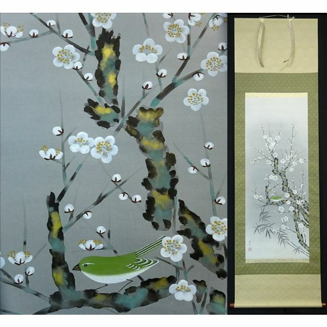 掛軸 渓仙『梅に鶯図』日本画 絹本 肉筆 共箱付 掛け軸 a121015の通販