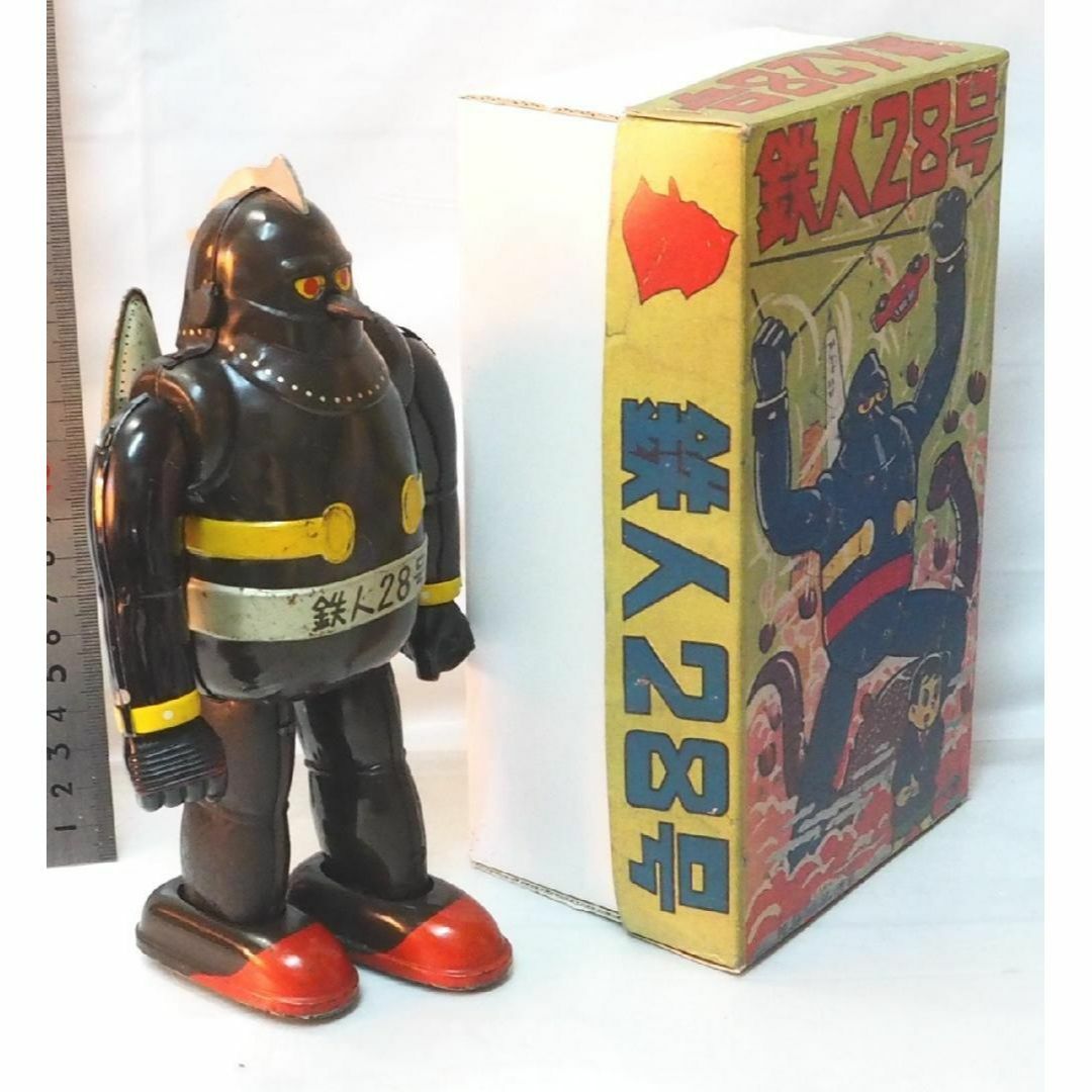 野村【鉄人28号 焦茶 パンチ交換サビ有 金具欠】ブリキ ロボットTIN箱