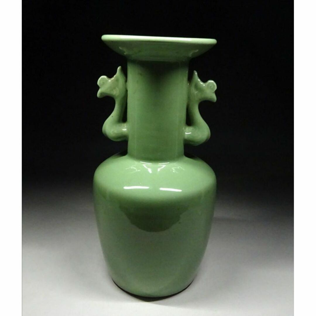 中国古玩 青磁花瓶 在銘 唐木 紫檀台座付 唐物 箱付 AF2001 南